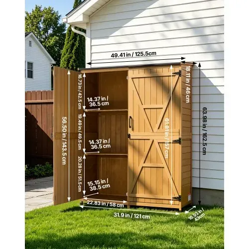 VEVOR Gartenschrank Holz, Geräteschrank mit Abschließbaren Türen & Schrägdach, Gerätehaus inkl. Regalböden & Boden, Geräteschuppen, Werkzeugschrank für Terrasse, Garten, Rasen, 121x43x162,5 cm – Bild 3