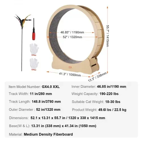 VEVOR Katzenlaufrad aus Holz, 132 cm großes Katzenlaufband für Hauskatzen, Katzenrad mit abnehmbarem Teppich und Katzenangel zum Laufen Trainieren, Sportspielzeuge für die meisten Katzen bis 13 kg – Bild 6