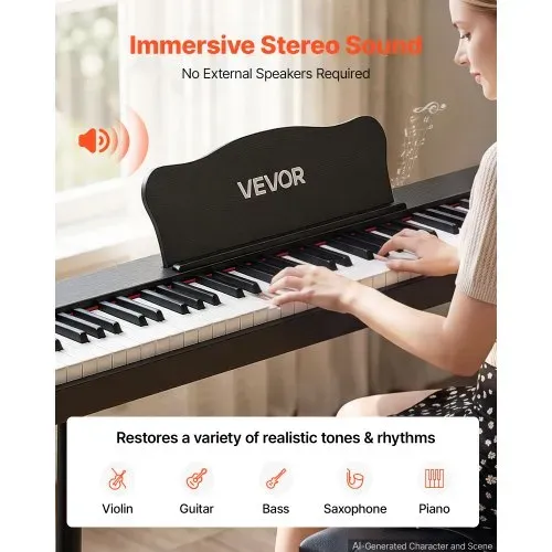 VEVOR Digitalpiano 88 Halbgewichtete Tasten Standardgröße E-Piano Schwarz für Anfänger, 600 Klangfarben, 600 Rhythmen, USB, MIDI, Audioausgang, Kopfhörerbuchse, Sustain-Pedal und HiFi-Lautsprechern – Bild 4