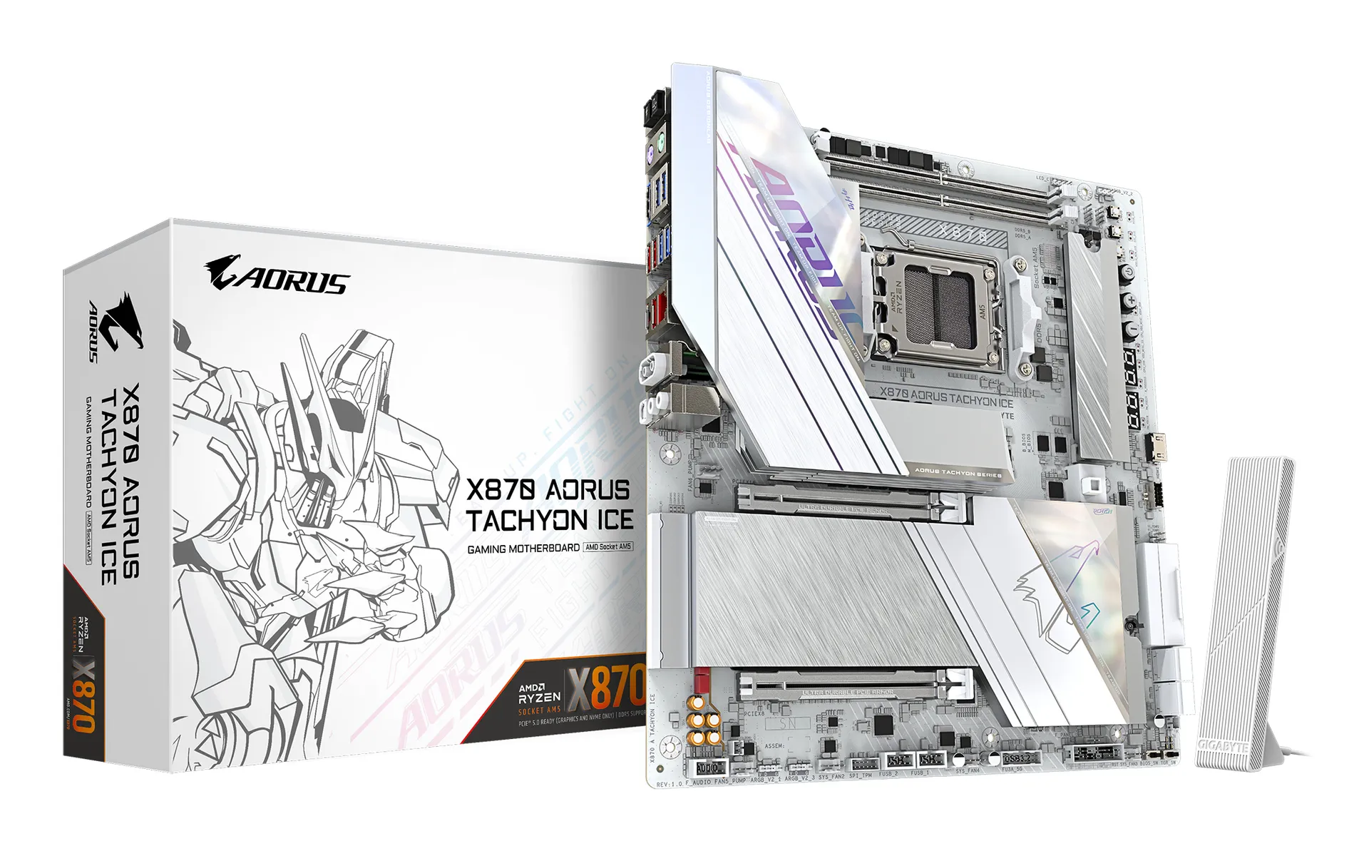 GIGABYTE X870 AORUS TACHYON ICE Mainboard – Unterstützt AMD Ryzen 9000 CPUs, digitale 18+2+2 Phasen VRM, bis zu 9600 MHz DDR5 (OC), 1 x PCIe 5.0 + 2 x PCIe 4.0, Wi-Fi 7, 5 GbE LAN, USB 4 GIGABYTE X870 AORUS TACHYON ICE Mainboard – Unterstützt AMD Ryzen 9000 CPUs, digitale 18+2+2 Phasen VRM, bis zu 9600 MHz DDR5 (OC), 1 x PCIe 5.0 + 2 x PCIe 4.0, Wi-Fi 7, 5 GbE LAN, USB 4
