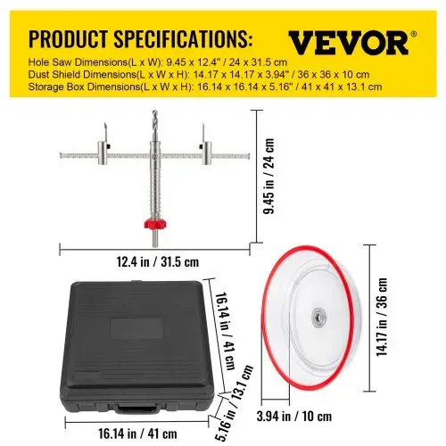 VEVOR Einstellbares Lochsägen-Set, 1-5/8 Zoll bis 11-13/16 Zoll (40-300mm), Einbau-Lochsäge mit PC-Staubschutz, Zwei austauschbare Zentrierbohrer, für Einbauleuchten, Deckenlautsprecher, V. Entlöcher – Bild 6