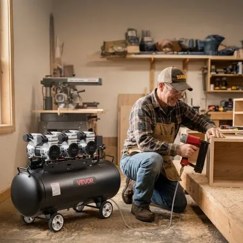 VEVOR 3 KW Druckluftkompressor, Ölfreier Kompressor mit 100 L Lufttank, Flüsterkompressor mit 198 L/min bei 6,2 bar & Max. 8 bar, Tragbarer Luftkompressor mit Rädern & Griff für Werkstatt Heimwerker – Bild 7