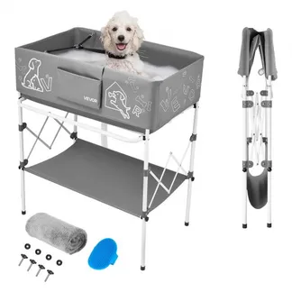 VEVOR 100L Hundebadwanne, Erhöhte Haustierbadwanne mit Metallgestell, Haustierwanne mit Abfluss Lagerregal Seitentasche, Faltbare Wäschewanne zum Pflegen & Baden für Kleine Mittelgroße Haustier, Grau VEVOR 100L Hundebadwanne, Erhöhte Haustierbadwanne mit Metallgestell, Haustierwanne mit Abfluss Lagerregal Seitentasche, Faltbare Wäschewanne zum Pflegen & Baden für Kleine Mittelgroße Haustier, Grau