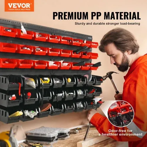 VEVOR Stapelboxen, 48-Behälter-Teileregal-Organizer für Garage, Kunststoff-Ladenwerkzeug mit Wandpaneelen, Werkzeug-Organizer für Muttern, Bolzen, Schrauben, Nägel, Perlen, Knöpfe, Schwarz und Rot VEVOR Stapelboxen, 48-Behälter-Teileregal-Organizer für Garage, Kunststoff-Ladenwerkzeug mit Wandpaneelen, Werkzeug-Organizer für Muttern, Bolzen, Schrauben, Nägel, Perlen, Knöpfe, Schwarz und Rot