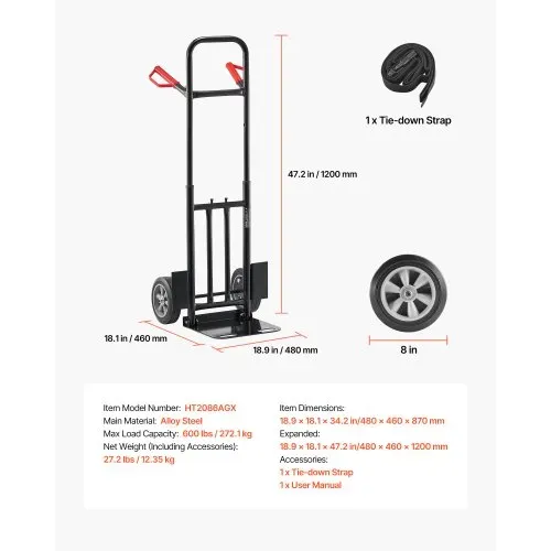VEVOR Sackkarre, 272 kg Tragkraft, Transportkarre 480x460x1200mm, tragbarer Rollwagen mit Zurrgurt, Transportroller, Stapelkarre, Transportwagen für Hause, Büro, Lager, Supermarkt – Bild 6
