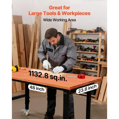 VEVOR Werkbank, 680 kg, Werkstatttisch mit Rolle, 122x60 cm große Arbeitsplatte aus Eichenholz, Arbeitstisch mit Höhenverstellung von 725-1075 mm, Werktisch für Garage, Werkstatt, Zuhause & Büro – Bild 5