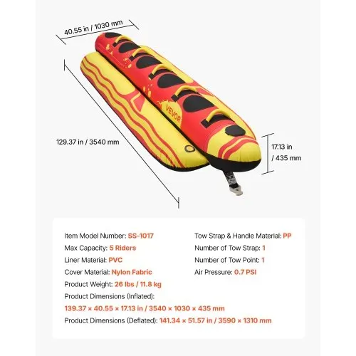 VEVOR Towable Funtube für 5 Personen, Aufblasbares Wasser Tube bis 385 kg Belastung, 5-Sitzer Schlauchboot mit Robustem Nylon-Überzug, Gepolsterten Haltegriffen & Sicherheitsventil, Wassersport-Spaß – Bild 6