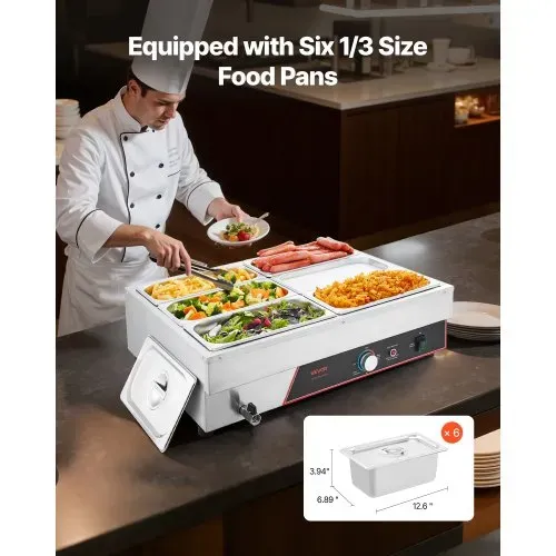 VEVOR kommerzieller Speisenwärmer mit 6 Behälter (1/3-Größe) & Netzkabel, 1500 W Buffetwärmer Edelstahl, Buffetbehälter Buffet-Wasserbad Speisenwärmstation für Restaurants Partys Buffets – Bild 2