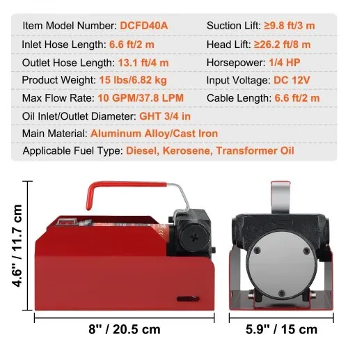 VEVOR Dieselpumpe, 155 W Kraftstoffpumpe Absaugpumpe, 1/4 PS Heizölpumpe 12 V 8 m Förderhöhe 3 m Saughöhe Selbstansaugend Automatik-Zapfpistole 4 m Auslassschlauch für Diesel Kerosin Transformatoröl – Bild 6