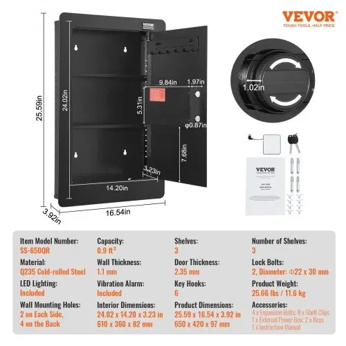 VEVOR 3-stufiger Waffentresor Wandtresor Safe, 3 herausnehmbaren Regalen 6 Schlüsselhaltern LED-Licht Vibrationsalarm, Tastenfeld und Schlüssel, für Langwaffe Pässe Schmuck Bargeld wichtige Dokumente – Bild 6