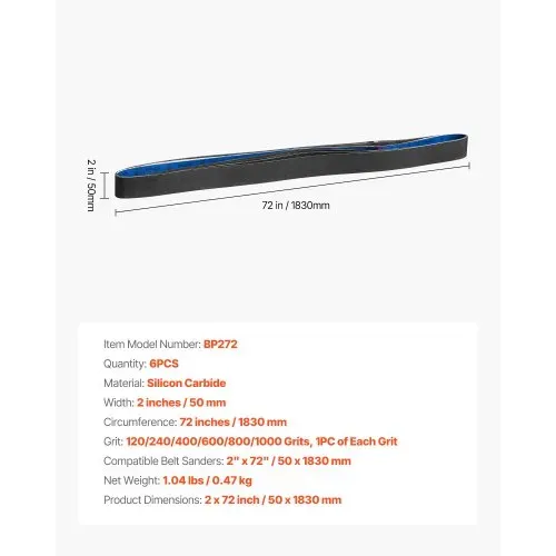 VEVOR Schleifbänder, 50x1830mm, 6 Stk. (120/240/400/600/800/1000 Körnungen), aus Siliziumkarbid, Bandschleifpapier Bandschleifer, für Metallbearbeitung, Verbundwerkstoffe & Kunststoffveredelung – Bild 6