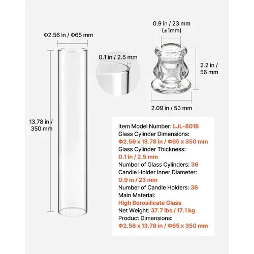 VEVOR 36 Stk. Glaszylinder für Kerzen Set, Hurricane Kerzenhalter 65x350mm, Kerzengläser aus Borosilikatglas, Bodenlose Kerzenschatten, Windfeste Kerzenhalterhülle für Hochzeit Weihnachten Party Deko – Bild 6
