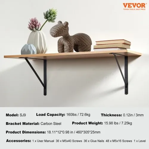 VEVOR Regalhalterung, 460 x 305 x 25 mm, 12 Stück, schwebende Regalträger, Halterungen für Regale, 3 mm dicke, mattschwarze dreieckige Regalhalterung, Regalhalter aus Stahl mit 72,6 kg Tragkraft – Bild 6