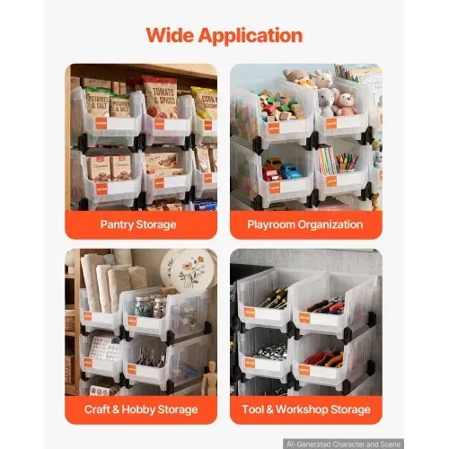VEVOR Stapelboxen, 377 x 215 x 180 mm (6er-Pack), Sichtlagerboxen zum Organisieren & Aufbewahren, Sichtlagerkasten für Schränken, Garagen, Kleinteilen, Bürobedarf & anderem Zubehör, transparent – Bild 2