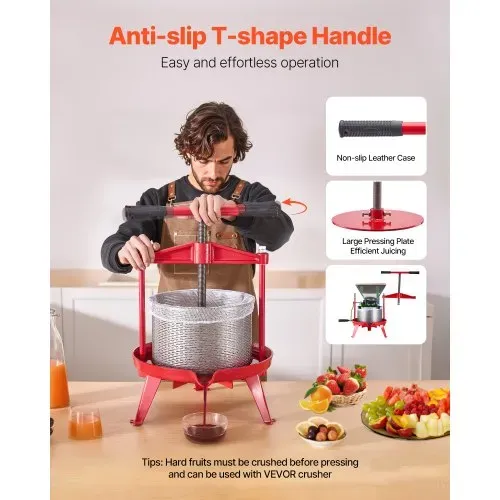 VEVOR Obstweinpresse Obstmühle Apfelmühle (9 L), Edelstahlkorb mit dreieckiger Struktur, manueller Entsafter, manuelles Mahlwerk, Apfelweinpresse Traubenpresse mit T-Griff für Küche Zuhause – Bild 2