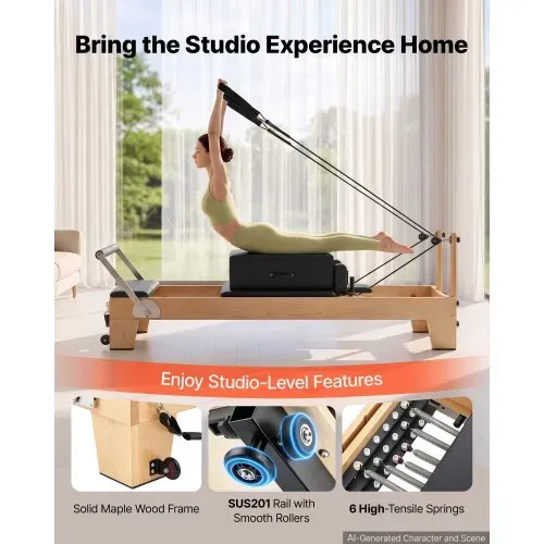 VEVOR Pilates Reformer Gerät 214 cm aus Ahornholz 181 kg Belastbarkeit für Heim-Fitnessstudios, Leises Gleiten, Verstellbare Kopfstütze, mit Pilates-Box, Jumpboard, Fußplattform und Fußschlaufen VEVOR Pilates Reformer Gerät 214 cm aus Ahornholz 181 kg Belastbarkeit für Heim-Fitnessstudios, Leises Gleiten, Verstellbare Kopfstütze, mit Pilates-Box, Jumpboard, Fußplattform und Fußschlaufen