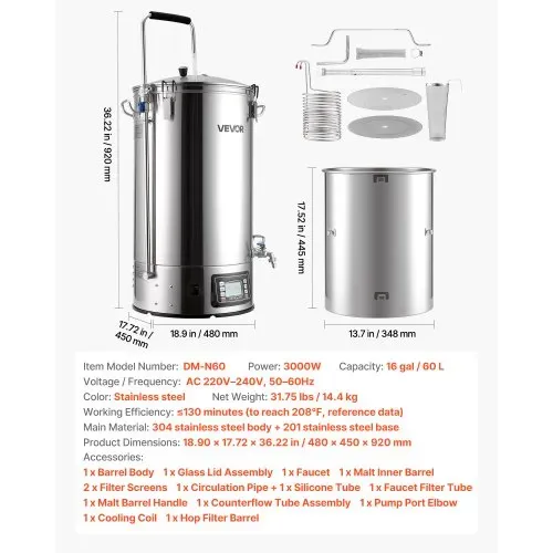 VEVOR elektrisches Bierbraugerät Bierbrauanlage Braukessel 60 L Hausgebrauch, Maischekochgerät mit Rezeptspeicher & Automatik-/Manuellmodus & Bedienfeld & Zirkulationsrohr, Brausystem – Bild 6