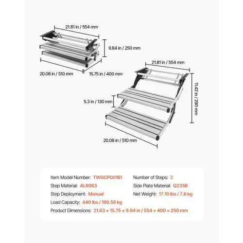 VEVOR Einziehbare Wohnmobiltreppe (2 Stufen), Wohnmobiltrittstufen mit 199,58 kg Tragkraft, Teleskopisch Klappbare Einstiegstreppe aus Aluminiumlegierung, Rutschfester Stahlrahmen für Wohnwagen – Bild 6