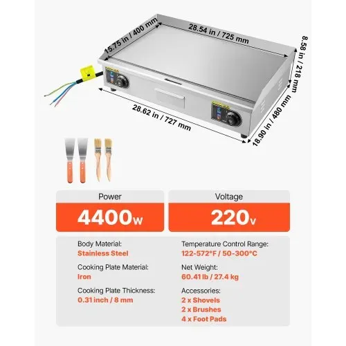 VEVOR Gewerbliche Elektrische Grillplatte 4400 W, Tischgrillplatte 725x400 mm Grillfläche, 50–300 °C Elektrogrill mit 2 Spateln & 2 Bürsten & 4 Fußpolstern, für Steaks Pfannkuchen Pizza, Ohne Stecker – Bild 6