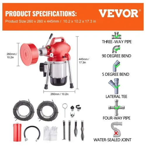 VEVOR Rohrreinigungsmaschine 120 Fuß x 5/8 Zoll, 370 W elektrische Rohrreinigungsspirale mit manueller Zuführung – mit 2 Stahlkabelabschnitten (120' x 5/8" und 23' x 3/8"), 7 Schneidern und CW/CCW-Steuerung für 1,6" bis 4" Rohre – Bild 6