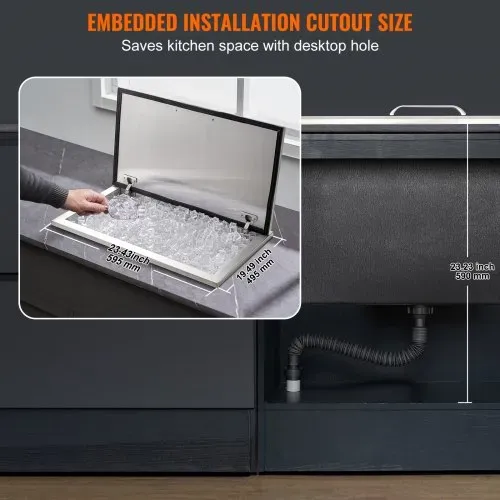 VEVOR Drop-in-Eisbox, 24 L Edelstahl-Eiskühler, 610 x 508 x 382 mm Kommerzieller Eisbehälter mit Klappdeckel, Eingebaute Eisspeichertruhe, Abflussrohr und Ablassstopfen im Lieferumfang Enthalten – Bild 5