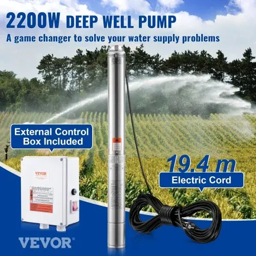 VEVOR Tiefbrunnen-Tauchpumpe, 2200 W, 230 V, 9,8 m³/h Durchfluss, 144 m Förderhöhe, mit 19,4 m Kabel und externer Steuerbox, Edelstahl-Wasserpumpen für industrielle Bewässerung und den Heimgebrauch, IP68 wasserdicht VEVOR Tiefbrunnen-Tauchpumpe, 2200 W, 230 V, 9,8 m³/h Durchfluss, 144 m Förderhöhe, mit 19,4 m Kabel und externer Steuerbox, Edelstahl-Wasserpumpen für industrielle Bewässerung und den Heimgebrauch, IP68 wasserdicht