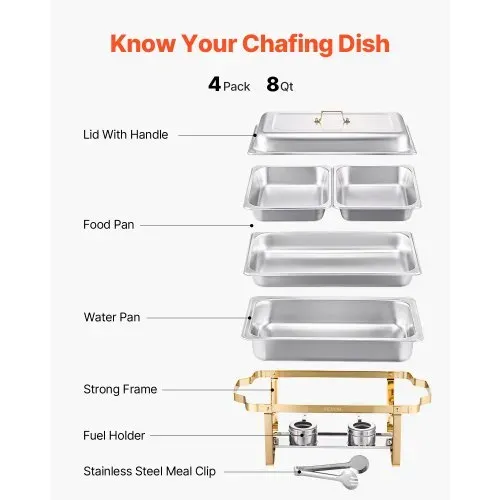 VEVOR Chafing Dish Set Speisenwärmer Edelstahl mit 2 Pfannen in voller Größe (7,5 L) & 4 halbgroßen Pfannen (4 L), rechteckiger Catering-Wärmespender mit Deckel & Wasserpfannenständer, Gold – Bild 4