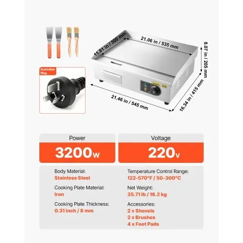 VEVOR Elektrogrill gewerbliche Grillplatte (535 x 300 mm) 3200 W mit 50-300 °C einstellbarer Temperaturregelung, Bratplatte Griddleplatte mit 2 Spachteln & 2 Bürsten & 4 Fußpolstern für Steak – Bild 6