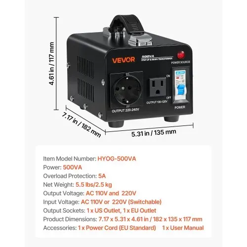 VEVOR Spannungswandler-Transformator, 500VA, Aufwärts-/Abwärtstransformator, Konvertierung von 110 V auf 220 V & von 220 V auf 110 V, mit US-, EU-Steckdose, Netzkabel, Schutzschalter – Bild 6