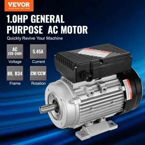 VEVOR 0,75 kW Elektromotor 1400 U/min, AC 220–240 V, 5,45 A, 80, B34-Rahmen, Luftkompressormotor einphasig, 19 mm Keilwelle, Rechts-/Linkslauf für landwirtschaftliche Maschinen und allgemeine Geräte VEVOR 0,75 kW Elektromotor 1400 U/min, AC 220–240 V, 5,45 A, 80, B34-Rahmen, Luftkompressormotor einphasig, 19 mm Keilwelle, Rechts-/Linkslauf für landwirtschaftliche Maschinen und allgemeine Geräte