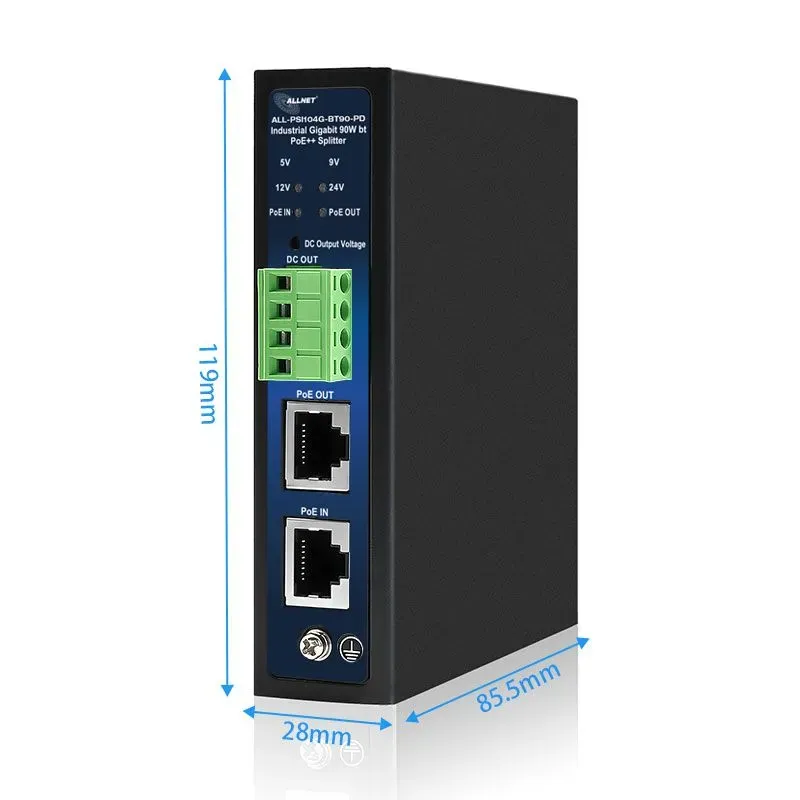 ALLNET PoE Splitter/Extractor industrial • 1x GbE PoE BT IN • 1x GbE PoE Out • 5V/9V/12V/24V adjustable • DIN-Rail • ALL-PSI104G-BT90-PD – Bild 2