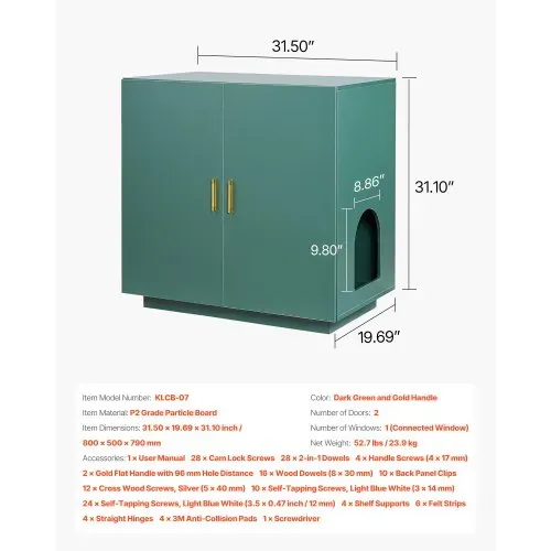 VEVOR Katzenschrank, 800x500x790 mm Katzenklo Schrank, Katzenkommode aus Holz mit Belüftungslöchern, Katzenhausmöbel mit Doppeltür, Beistelltisch, passend für die meisten Katzentoiletten – Bild 6