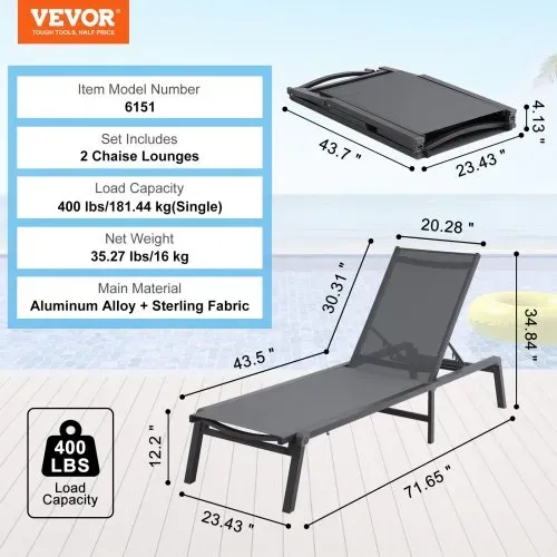 VEVOR Chaiselongue-Stühle für den Außenbereich, Aluminium-Terrassen-Liegestühle mit 5 verstellbaren Positionen, klappbare Pool-Liegestühle, Liegestühle und komplett flache Sonnenstühle für Terrasse, Strand, Pool, Dunkelgrau, 2 Stück – Bild 6