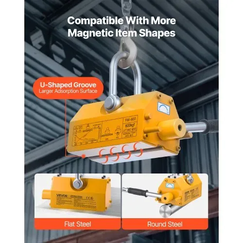 VEVOR Lasthebemagnet Permanentmagnetheber 600 kg Zugkraft Hebemagnet mit Entriegelungsgriff & Stahlhaken, verwendet in Werkstattkränen und Hebezeugen, zum Heben von Stahlplatten, Brettern – Bild 5