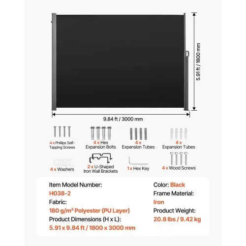 VEVOR Seitenmarkise Ausziehbar 180x300 cm, Seitenrollo aus 180 g/m² Polyestergewebe, Wandmarkise, Windschutz, Sonnenschutz, Sichtschutz, Raumteiler für Garten, Balkon, Pool, Terrasse, Schwarz – Bild 6