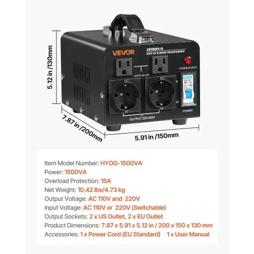 VEVOR Spannungswandler-Transformator, 1500VA, Aufwärts-/Abwärts-Leistungstransformator, Konvertierung von 110 V auf 220 V & von 220 V auf 110 V, mit US-& EU-Steckdosen, Netzkabel, Schutzschalter – Bild 6