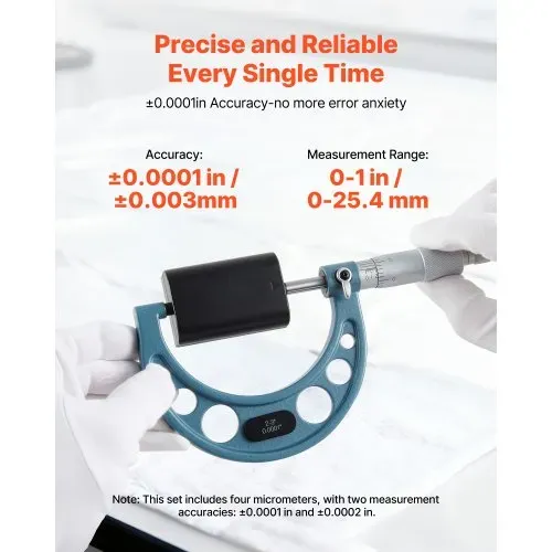 VEVOR Bügelmessschraube 4-tlg. Set, Mikrometer mit einer Messgenauigkeit von 0,0001/0,0002 Zoll, Messschraube für Metallbearbeitung & Maschinenbau mit Koffer, 0-1/1-2/2-3/3-4 Zoll – Bild 2