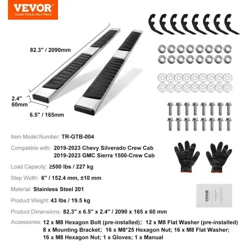 VEVOR Trittbretter, 6-Zoll-Trittbretter, kompatibel mit 2019–2023 Chevy Silverado/GMC Sierra 1500/2020–2024 Silverado/Sierra 2500/3500HD Crew Cab, 201 Edelstahl-Seitentrittbretter, 227 kg, 2-teilig – Bild 6