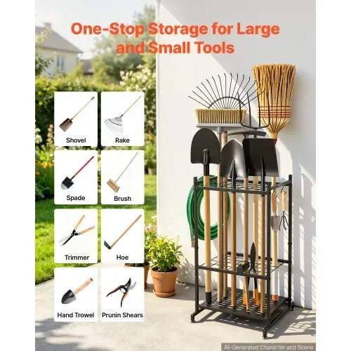 VEVOR Gartengeräte Ständer 440x405x760mm Gerätehalter aus Metall Schwarz, Aufbewahrungsregal für Garage Schuppen Garten, Organizer für Besen Mopp, mit Doppelschichtschlitzen 4 Haken & Nivellierfüßen – Bild 4