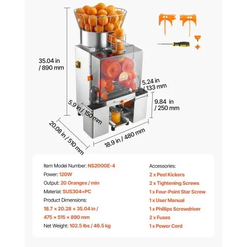 VEVOR Gewerbliche Orangenpresse Edelstahl Zitruspresse 120 W PC-Abdeckung, Saftpresse für bis zu 20 Orangen pro Minute, Entsafter für Zitronen Zitrusfrüchte Granatäpfel mit 2 Schalenbehältern – Bild 6