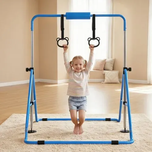 VEVOR Gymnastikstange für Kinder mit 63,5 kg Tragkraft, Klappbares Turnreck mit Turnringen, Höhenverstellbare Turnstange für Indoor- und Outdoor-Training, Heimtrainingsgerät für Kinderturnen, Blau – Bild 7