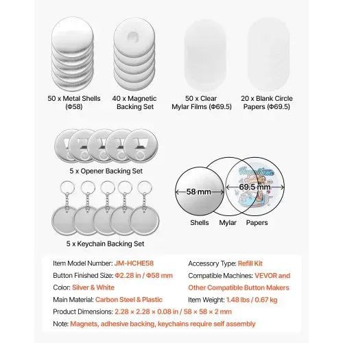 VEVOR Buttonmaschine-Zubehör 50-tlg. Set 58 mm, Kühlschrankmagnete Flaschenöffner & Schlüsselanhänger Transparente Mylar-Folien & Runde Blanko-Papiere für DIY-Projekte – Bild 6