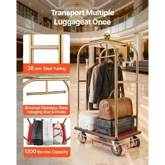 VEVOR Hotelgepäckwagen aus Edelstahl, 544,31 kg Belastbarer Kofferwagen mit 8 Zoll Gummirädern, Hotelwagen mit Rotem Teppichboden & Garderobenstange, Gewerblicher Gepäckwagen für Hotels Resorts, Gold VEVOR Hotelgepäckwagen aus Edelstahl, 544,31 kg Belastbarer Kofferwagen mit 8 Zoll Gummirädern, Hotelwagen mit Rotem Teppichboden & Garderobenstange, Gewerblicher Gepäckwagen für Hotels Resorts, Gold