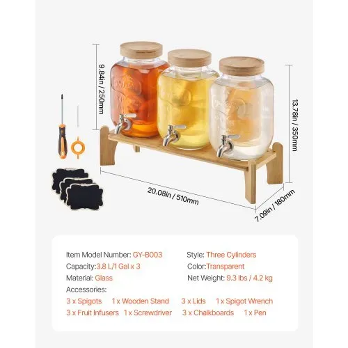 VEVOR Getränkespender (3 x 3,8 L) für Partys Saftspender (aus Glas) mit tropfsicherem Zapfhahn & Holzständer Wasserspender für Restaurants Partys, Limonade Eistee selbstgemachte Getränke Spender – Bild 6