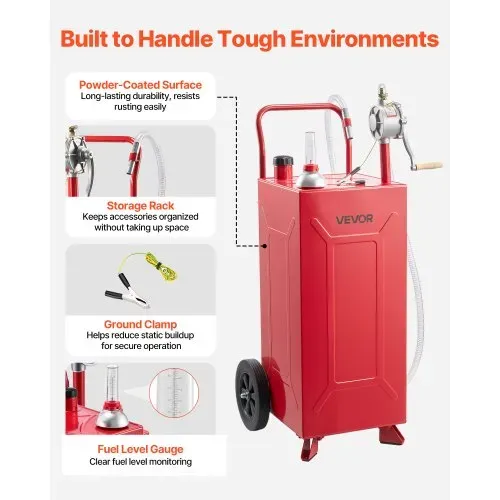 VEVOR 113,6L Kraftstofftrolley Mobile Tankanlage mit Manueller Handpumpe, Tragbarer Kraftstofftank für Auto Rasenmäher Boot, Mit 2 Rollen & Ölstandsanzeige, Für Benzin & Diesel, Kohlenstoffstahl, Rot – Bild 5