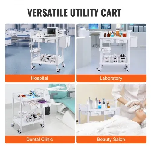 VEVOR Laborwagen mit 2 Ebenen, Laborwagen mit 2 Ablagen, 2 Schubladen und 4 leisen Rädern, mobiler medizinischer Wagen aus PP-Material, Laborrollwagen mit 3 Mülleimern für Labor, Klinik, Krankenhaus, Salon, weiß – Bild 5