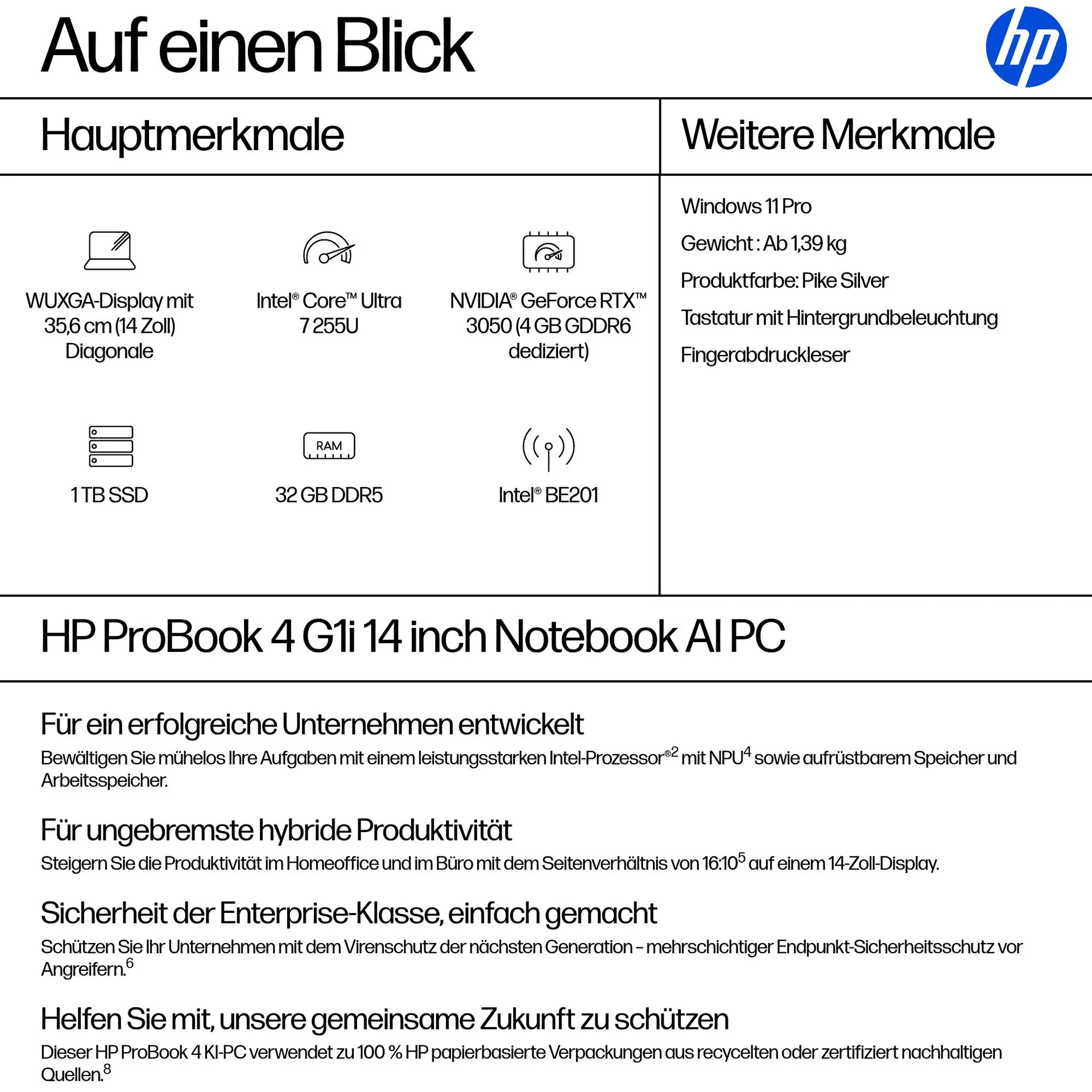 HP ProBook 4 G1i AI Intel Core Ultra 7 255U Laptop 35,6 cm (14") WUXGA 32 GB DDR5-SDRAM 1 TB SSD Wi-Fi 7 (802.11be) Windows 11 Pro AI PC Silber – Bild 3