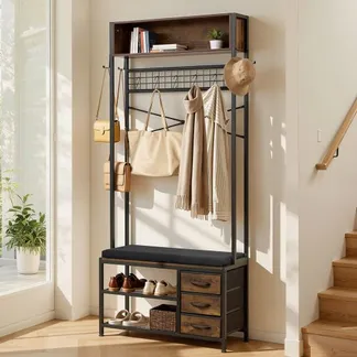 VEVOR Flurgarderobe 80 x 30 x180 cm, Garderobenständer mit Schuhablage (2 Ebenen) & 3 Schubladen, Freistehende Garderobe mit Bücherablage & Metallgitter, Ideal für Eingangsbereich, Schlafzimmer VEVOR Flurgarderobe 80 x 30 x180 cm, Garderobenständer mit Schuhablage (2 Ebenen) & 3 Schubladen, Freistehende Garderobe mit Bücherablage & Metallgitter, Ideal für Eingangsbereich, Schlafzimmer