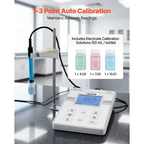 VEVOR Tisch-pH-Meter, Messbereich pH 0–14, Labortester-Set mit Hintergrundbeleuchtung, Kalibrierlösungen, Netzteil, Speicher für bis zu 50 Messwerte, für Temperatur- & Wasserqualitätsmessungen – Bild 2