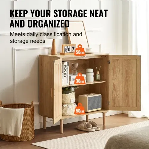 VEVOR Rattanschrank Rattankommode Aufbewahrungsschrank mit 2 magnetischen Türen & verstellbaren Regalen & Griffen, Sideboard-Buffetschrank für Flur Eingangsbereich Wohnzimmer Küche Flur – Bild 2